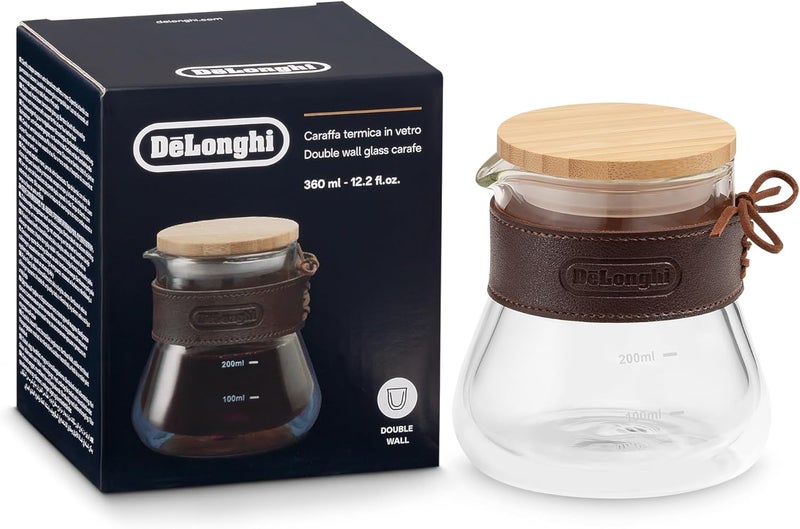 De'Longhi 400ml Double Wall Glass Carafe - Borosilicate Hand-Blown Glass, Keeps Drinks Hot, Bamboo Lid & Silicone Gasket, Comfortable Grip, Dedicated Spout, Microwave Safe, 1-Year Warranty DLSC077 - Image 1
